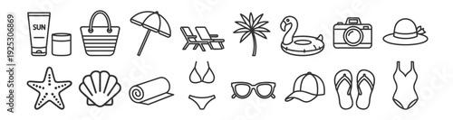 Summer beach outline icon set vector, vacation sun palm umbrella and travel accessories isolated on transparent background