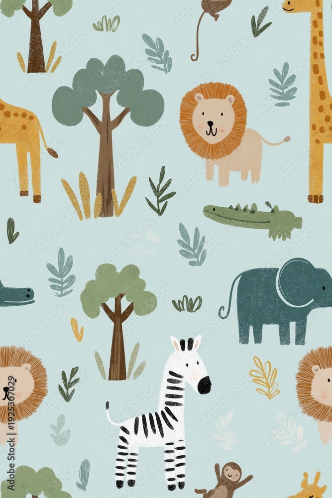 Fototapeta premium Cute cartoon jungle animals seamless pattern. Safari animals pattern with giraffes, elephants, and lions on a light blue background