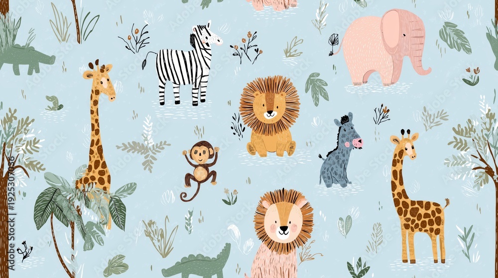 Fototapeta premium Cute cartoon jungle animals seamless pattern. Safari animals pattern with giraffes, elephants, and lions on a light blue background