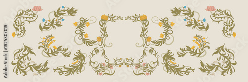 Art Nouveau frame. Floral vintage border. Ornate botanical ornament. Enchanted leaf corners. Decorative flower foliage. Botanical dividers for elegant design. Invitation card. Vector garish element