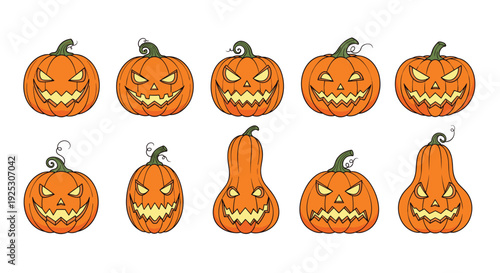 Set of ten unique carved Halloween jack o lantern pumpkins with various scary and funny faces arranged on a plain white background.