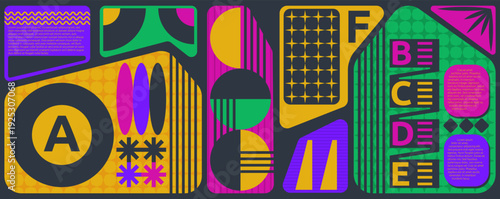 Geometric graphic abstract. Modern design poster. Flat shapes collage. Creative composition. Geometry mosaic. Urban festival. Minimalist bold pattern. Text frame. Color forms. Vector garish background