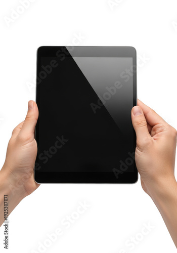 Hands holding a black tablet with a blank screen isolated on transparent background