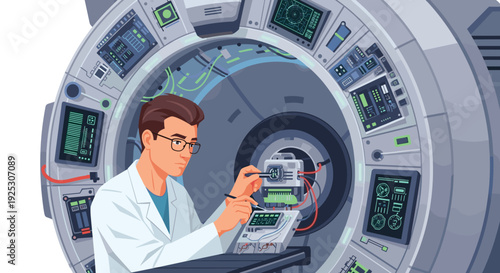 A focused male scientist in a white lab coat and glasses is meticulously working on a complex medical scanning machine with multiple controls and screens.