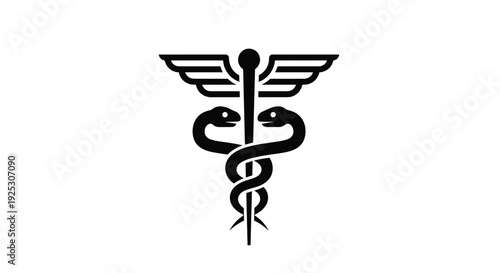 A stylized black Caduceus medical symbol, featuring two snakes coiling around a winged staff, is centrally placed on a clean white background.