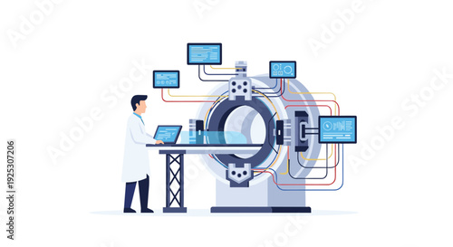 A male scientist in a lab coat is operating a laptop connected to a large, advanced medical imaging machine, with multiple screens, on a white background.