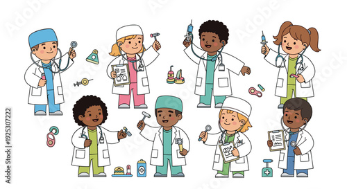 A diverse group of cheerful children dressed as doctors and nurses are playfully interacting with various medical instruments on a white background.