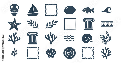 Greek mediterranean icon set vector, antique column pottery sea fish and marine elements isolated on transparent background