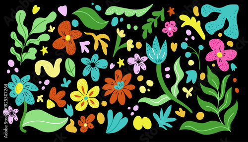 Sticker plant. Garden Groovy. Daisy graphic leaf. Flower pattern abstract. Shapes funky floral background. Organic botanical texture ornament. Summer bouquet. Vector tidy nature isolated illustration