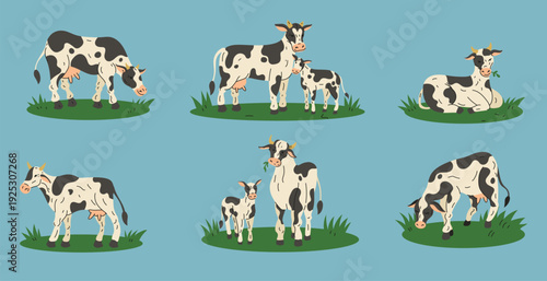 Cow animal farm. Cartoon mom of calf. Cute baby cattle. Udder livestock. Dairy milk. Grazing mammal on grass. Natural heifer beef. Family scenes. Motherhood sign. Vector illustration tidy agriculture