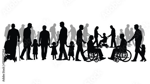 Diverse group of people silhouettes including wheelchair users and families