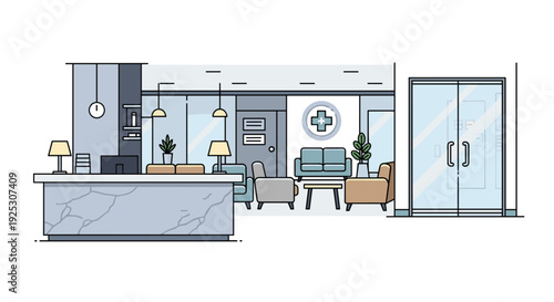 A modern hospital reception area features a grey marble desk, a comfortable waiting lounge with assorted chairs, and transparent glass doors.