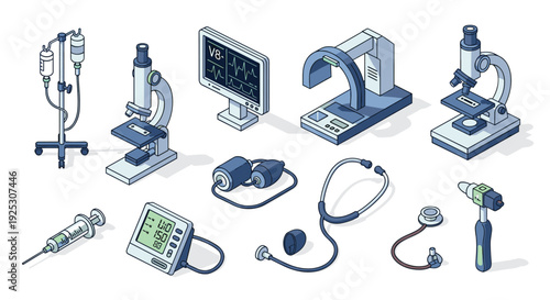 A collection of isometric medical equipment includes microscopes, a monitor, a CT scanner, a blood pressure cuff, a stethoscope, and a syringe.