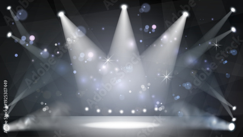 Award background. Scene music. Spotlight on stage. Festive sparkling stars. Reward ceremony backdrop. Glowing illumination. Projector rays. Podium shine. Bokeh light and flashes. Vector elegant show