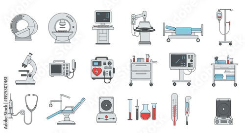 A large diverse collection of medical equipment and hospital supplies features MRI machines, beds, microscopes, defibrillators, and laboratory tools.