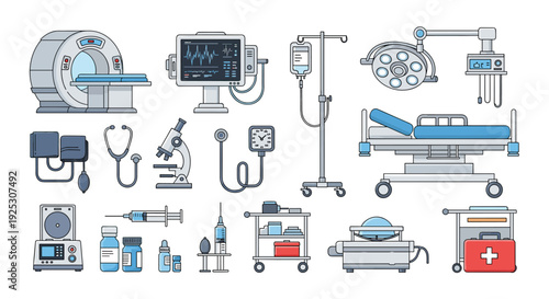 A comprehensive collection of medical and hospital equipment includes an MRI machine, patient monitor, IV stand, operating light, patient bed, and first aid kit.