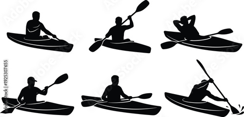 Kayaking silhouette collection, man paddling canoe in dynamic water sport poses isolated on white background vector illustration