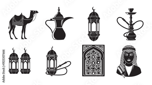 Arabian nights vector icons set: camel, coffee pot, lantern, hookah, and more