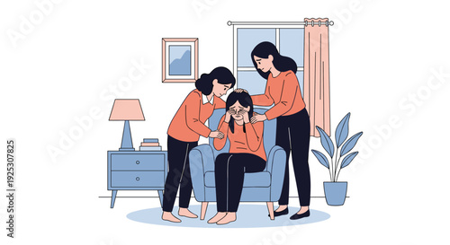Two supportive friends comforting a sad and crying woman sitting in an armchair inside a cozy living room setting.