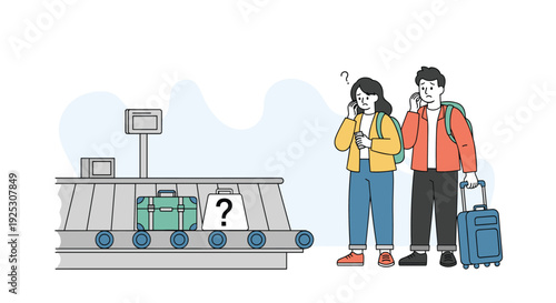 Confused travelers looking at the airport luggage conveyor belt while wondering where their missing suitcase could be.