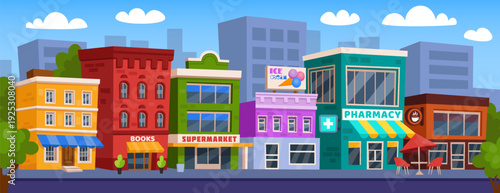 Apartment exterior. Game cityscape. Small business. Drugstore and on street. Cafe terrace. Market cartoon. Landscape with supermarket storefront. Home facade. Vector urban tidy building background