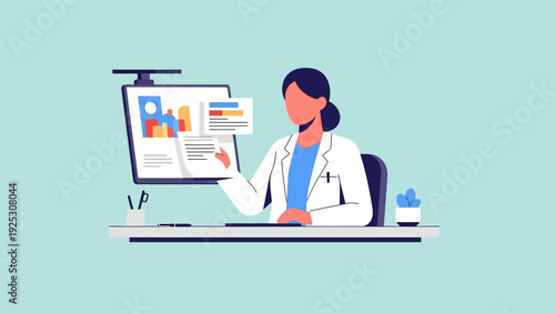 Doctor Analyzing Medical Data Reports on Computer Screen. Female Healthcare Professional Working at Desk. Flat Minimalist Illustration.
