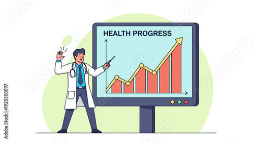 Doctor presenting a positive health progress chart (bar and line graph) on a monitor, analyzing medical improvement and patient outcome data illustration.