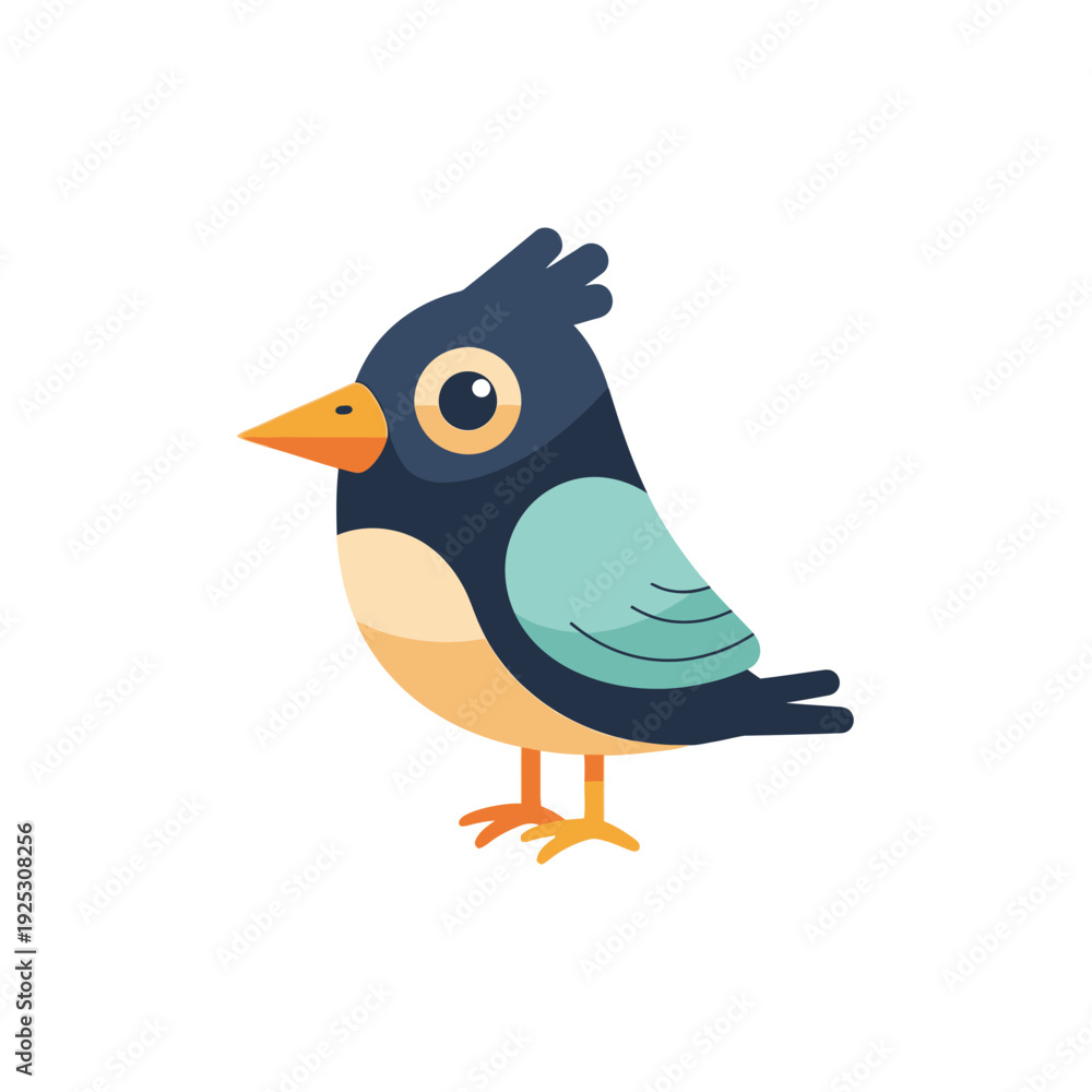 Obraz premium Cute cartoon bird, small, colorful, standing, profile view, isolated on white background