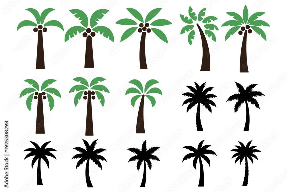 Obraz premium Coconut Tree Solid Element Set Simple Shapes Vector Illustration