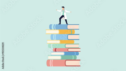 Medical Education and Lifelong Learning Concept. Doctor Standing on a Stack of Books, Symbolizing Knowledge, Expertise, and Professional Development.