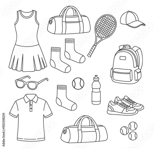 Tennis sport outline icon set vector, racket ball bag shoes apparel and equipment isolated on transparent background