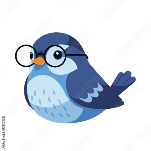 Cute cartoon blue bird wearing round glasses, intelligent and studious character