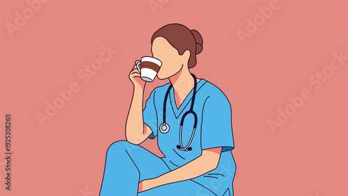 Tired Nurse or Doctor Taking a Coffee Break. Medical Professional in Scrubs Resting. Flat Vector Illustration of Healthcare Stress.