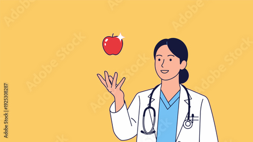 Smiling Doctor Holding Red Apple Illustration. Healthcare, Nutrition, and Preventative Wellness Concept.