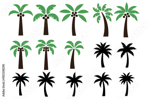 Coconut Tree Solid Element Set Simple Shapes Vector Illustration