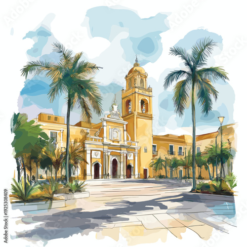 Lima - Plaza Mayor and Historic Center. Lima - Plaza Mayor and Historic Center hand drawn watercolor illustration