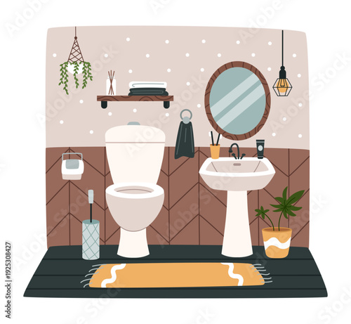 Modern bathroom interior. Toilet, sink and mirror, modern shelf, decor and plants, home hygiene space, interior design and sanitary equipment concept. Vector cartoon flat style isolated illustration