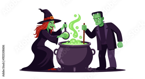 Witch and Frankenstein's Monster Brewing Spooky Green Potion in Cauldron for Halloween Illustration