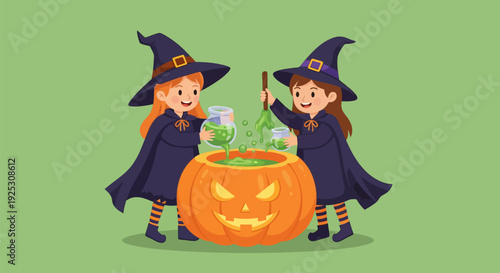 Cute Witches Brewing Magic Potion in Pumpkin Cauldron for Halloween