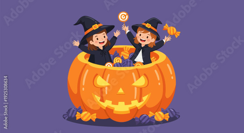 Cheerful Little Witches in a Jack-o'-Lantern Pumpkin with Halloween Candy Illustration