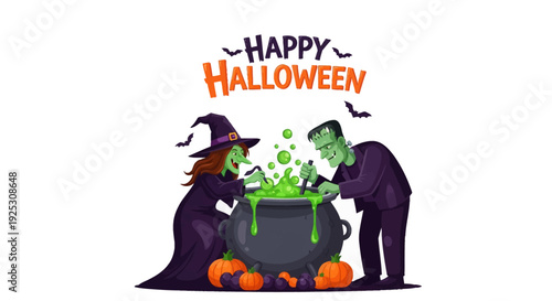 Witch and Frankenstein Brewing Potion: Happy Halloween Celebration Illustration