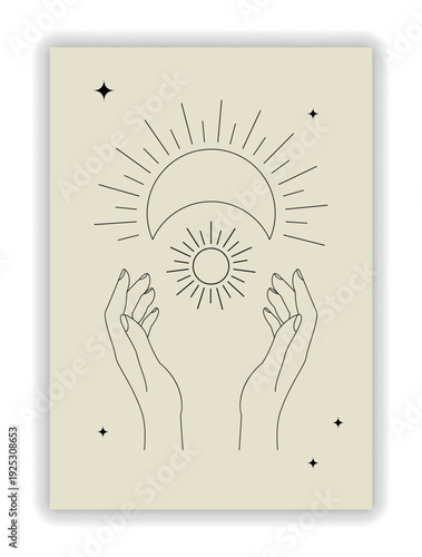 Hands holding celestial symbols. Minimal line art with sun, moon and stars, spiritual balance, astrology sign, mysticism and esoteric card or poster. Horoscope esoteric cover. Vector illustration