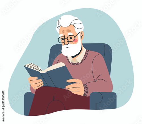 Old man. Senior person reading book. Grandfather sitting on cozy armchair. Literature for bookworm. Retired people leisure and hobby. Grandpa holding textbook. Grandparent relaxation. Vector concept