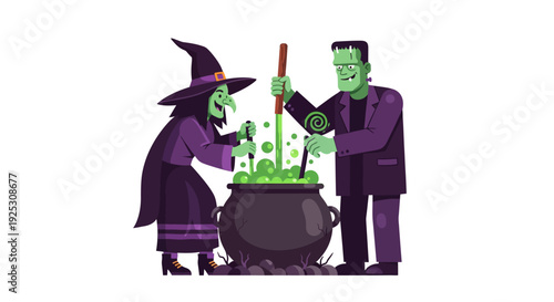 Halloween Witch and Frankenstein's Monster Brewing Spooky Green Potion in Cauldron - Cartoon Illustration