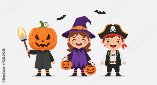 Happy Halloween Kids in Costumes: Pumpkin, Witch, and Pirate Illustration for Trick-or-Treating Fun