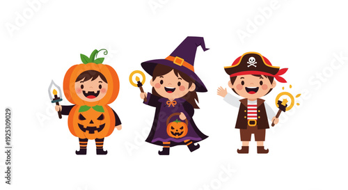 Happy Children in Halloween Costumes: Pumpkin, Witch, and Pirate Characters for Trick or Treat Fun