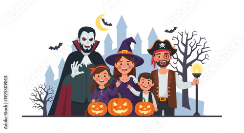 Happy Halloween Family Celebration: Parents and Kids in Costumes with Spooky Jack-o'-lanterns, Vampire, Witch, Pirate