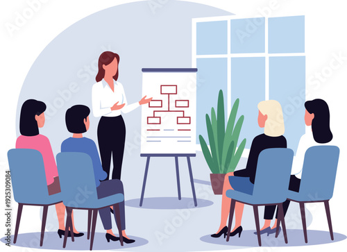 Flat vector illustration of a professional woman presenting an organizational chart on a flipchart to a group of female colleagues in an office