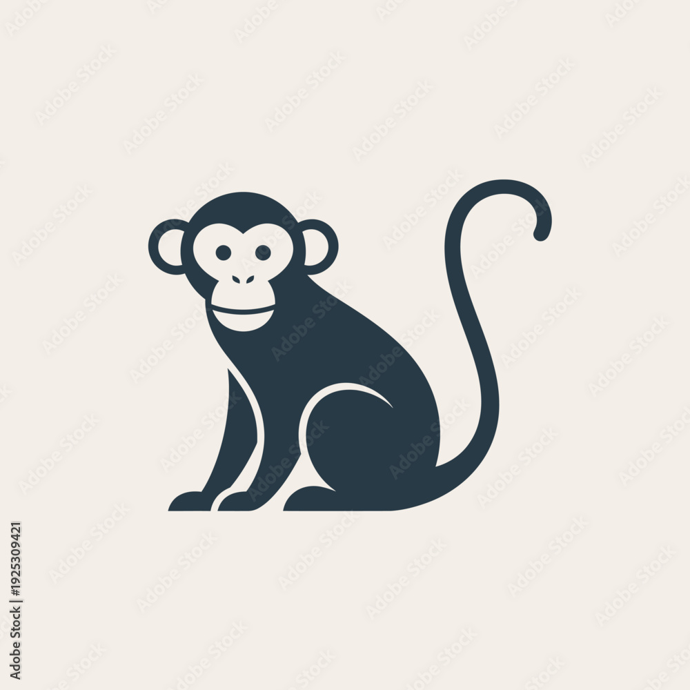 Fototapeta premium Cute Monkey Sitting Icon, Simple Vector Illustration, Dark Blue Silhouette on Beige Background