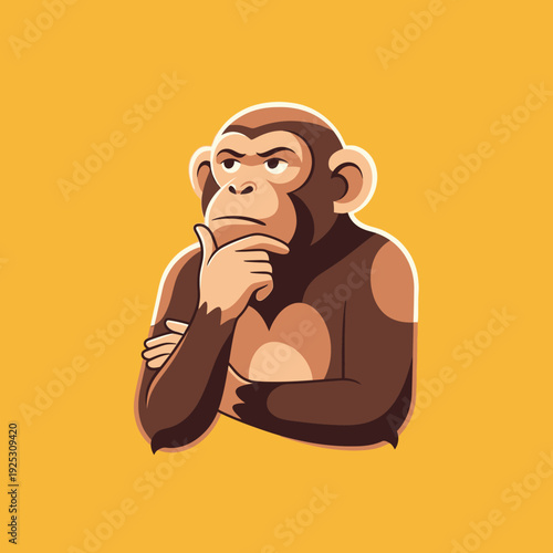 Chimpanzee thinking pose, pondering, curious monkey, thoughtful expression, isolated on yellow background